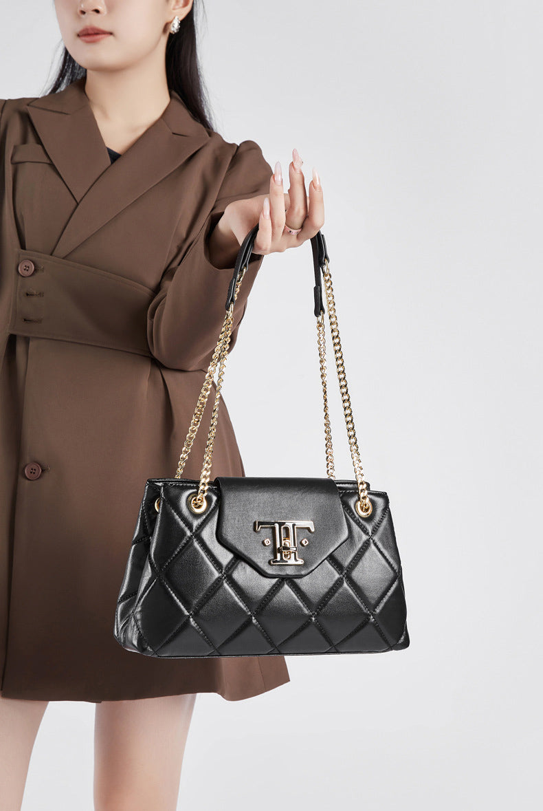 Diamond Stitched Leather Chained Strap Crossbody Shoulder Bag