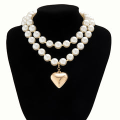 Vintage Heart Pendant Pearl Beads Chain Choker Necklace for Fashion Forward Girls