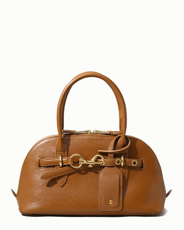 Leather Zip Satchel Crossbody Bag with Detachable Strap