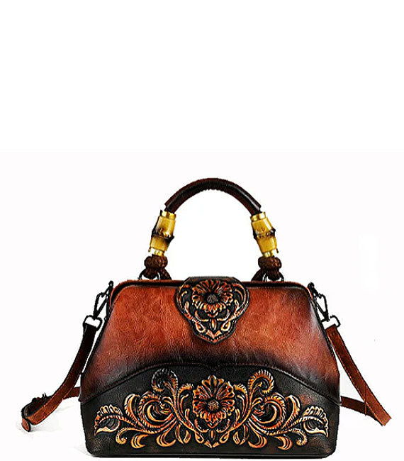 Gorgeous Unique Embossed Design Retro Style Satchel Crossbody Bag for Stylish Women with Detachable Strap from 100% Real High Quality Leather