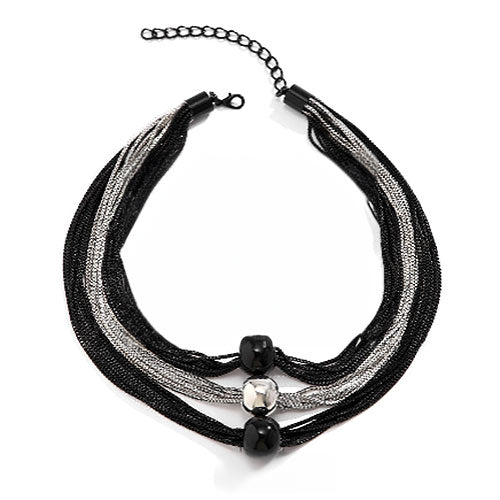 Gorgeous Unique Multilayer Black and Silver Mixed Chain Punk Style Choker Necklace Featuring a Triple  Spherical Accents