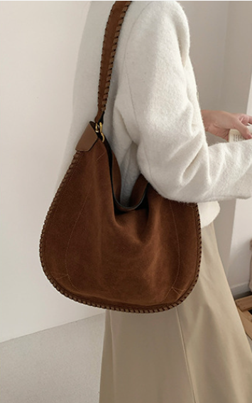 Alluring Sophisticated Designer Inspired Large Hobo Crossbody Bag Velvet-Soft Suede is Traced with Whipstitched Leather Trim