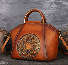 Unique Vintage Mandala Bohemian Embossed Leather Handbag Design with Wooden Handle & Crossbody Strap