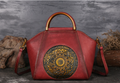 Unique Vintage Mandala Bohemian Embossed Leather Handbag Design with Wooden Handle & Crossbody Strap