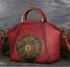 Unique Vintage Mandala Bohemian Embossed Leather Handbag Design with Wooden Handle & Crossbody Strap