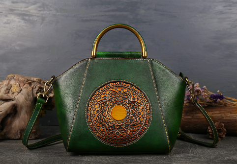 Unique Vintage Mandala Bohemian Embossed Leather Handbag Design with Wooden Handle & Crossbody Strap