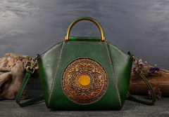 Unique Vintage Mandala Bohemian Embossed Leather Handbag Design with Wooden Handle & Crossbody Strap