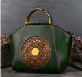 Unique Vintage Mandala Bohemian Embossed Leather Handbag Design with Wooden Handle & Crossbody Strap