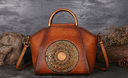 Unique Vintage Mandala Bohemian Embossed Leather Handbag Design with Wooden Handle & Crossbody Strap