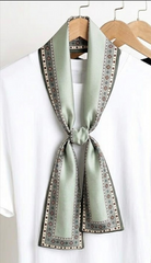 Sage Green Geometric Border Silk Skinny Scarf