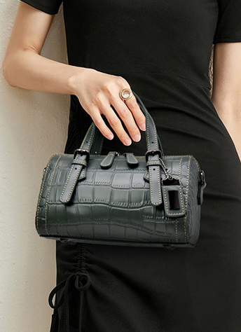 Exquisite Croc-Embossed Barrel Satchel Bag from Top Quality Leather